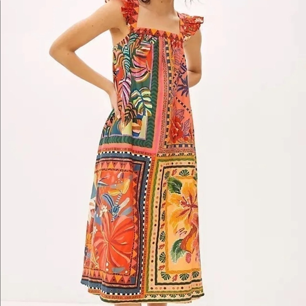 Farm Rio Mosaic ruffled MIDI Dress. Small. New.